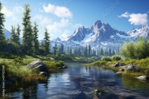 Mountain landscape with river and blue sky. 3d render. © GoldenART