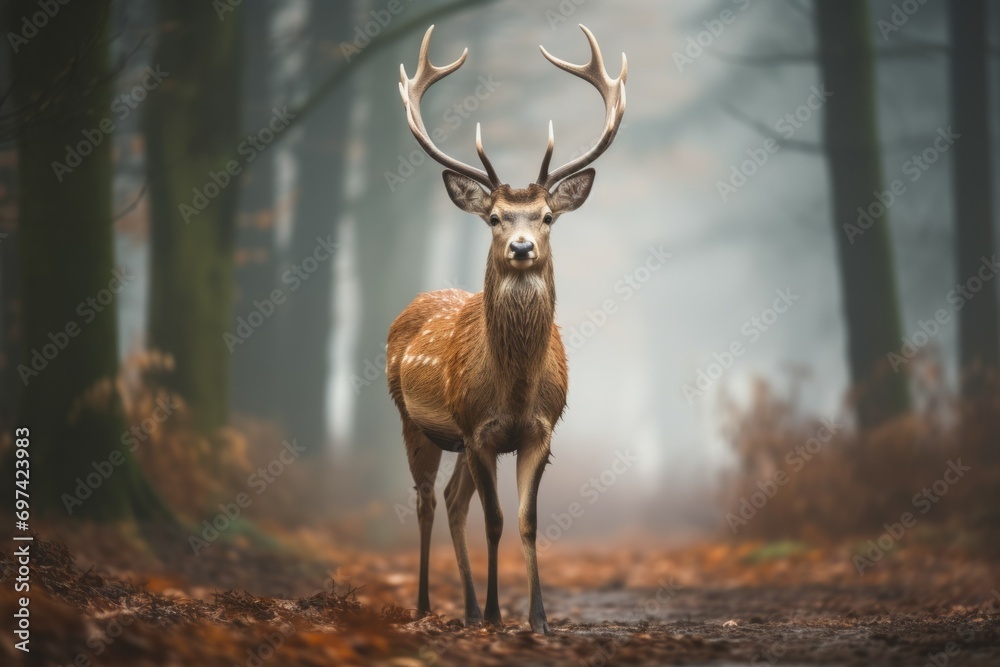 Deer on the road or highway. Background with selective focus and copy space Deer on the road or highway. Background with selective focus and copy space