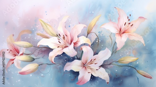 Watercolor illustration of white pink lilies bouquet on light soft blue pink background with aquarelle splashes and stains. Banner with copy space. Ideal for wall art, greeting card, advertising