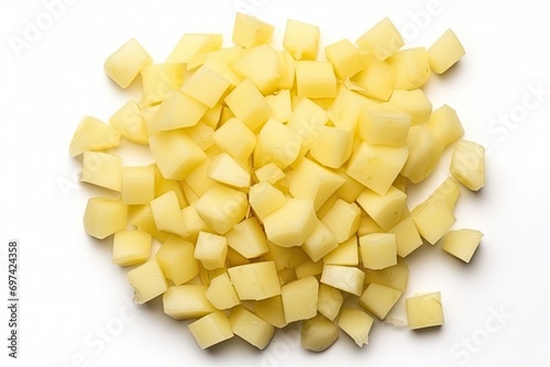 Diced Boiled Potato Pile Isolated, Chopped Potatoes, Cooked Cubed Potato on White