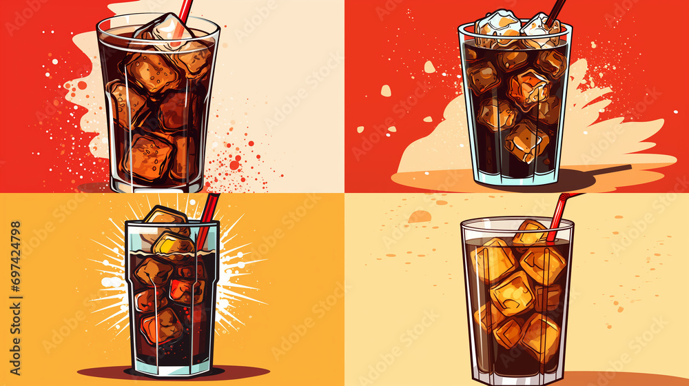 glass of cola with ice - obrazy, fototapety, plakaty 