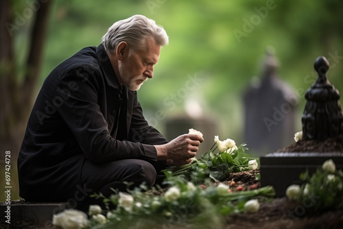 Senior Man Mourning at Graveside with White Roses © JLabrador