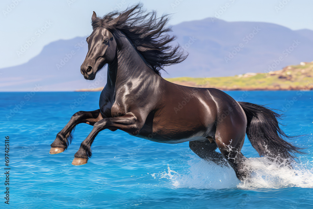 A captivating image of a horse leaving its hoof prints on the sandy shoreline, marking its presence by the sea's edg A captivating image of a horse leaving its hoof prints on the sandy shoreline, marking its presence by the sea's edg