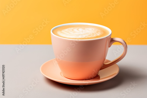 Coffee mug mockup in trendy color. Backdrop with selective focus and copy space