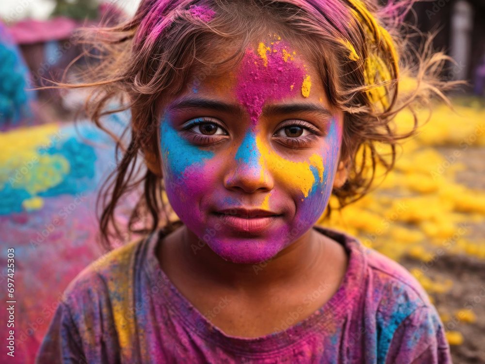 Serious child girl at the Indian Holi festival.