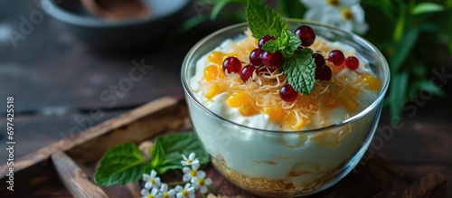 Popular Thai dessert with cheese, toppings include currants, corn, jelly, and conflakes.