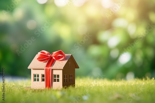 Housing as a gift concept. Win an apartment in the lottery. To inherit property. Buying an apartment at a low price. Present. House with red gift ribbon on green background