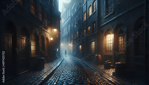 A moody, enigmatic night scene in a narrow alley with dim lighting, cobblestone pavement, brick buildings, ambient window lights, and a lone distant figure