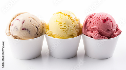 Ice cream balls in paper cup. Neapolitan ice cream scoops in white cups of chocolate. AI Generative photo