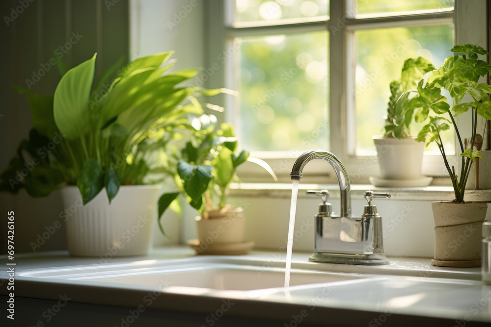 Sunlight shines on the sink from outside the window. Kitchen with a pot of green plants. Generative AI