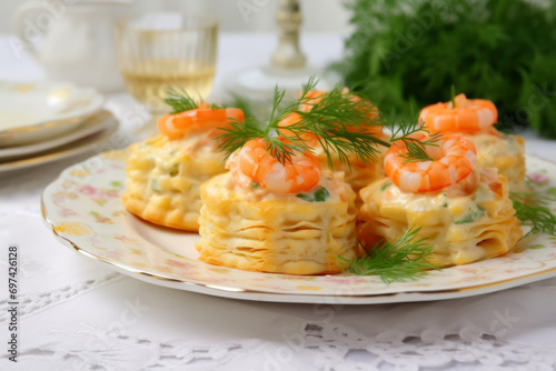 Vol au vent with shrimp and sauce. Puff pastry stuffed with cream cheese and prawns. Generative AI photo