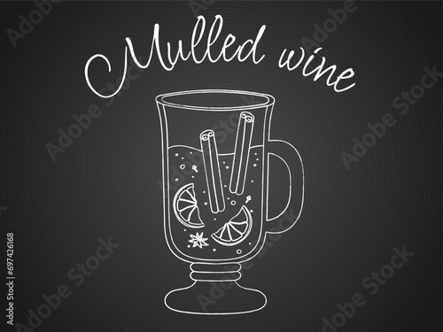 Hot mulled wine line art with cinnamon and orange on black background. Warm drink black silhouette. Vector illustration glass of wine