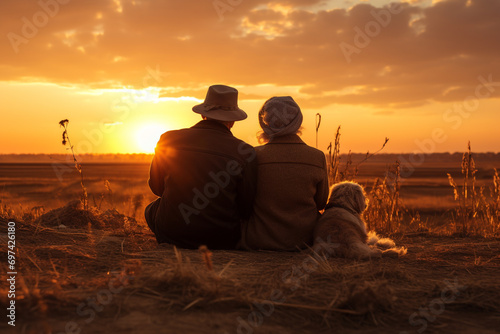 Old grandmother and grandfather, grandparents, grandma amd grandpa look at sunset. pensioners retirees senor and senorita happy sad old age.