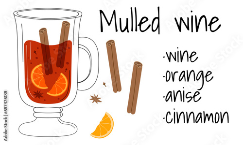 Mulled wine recipe drawing. Winter warm drink with cinnamon and orange. Vector illustration glass of wine
