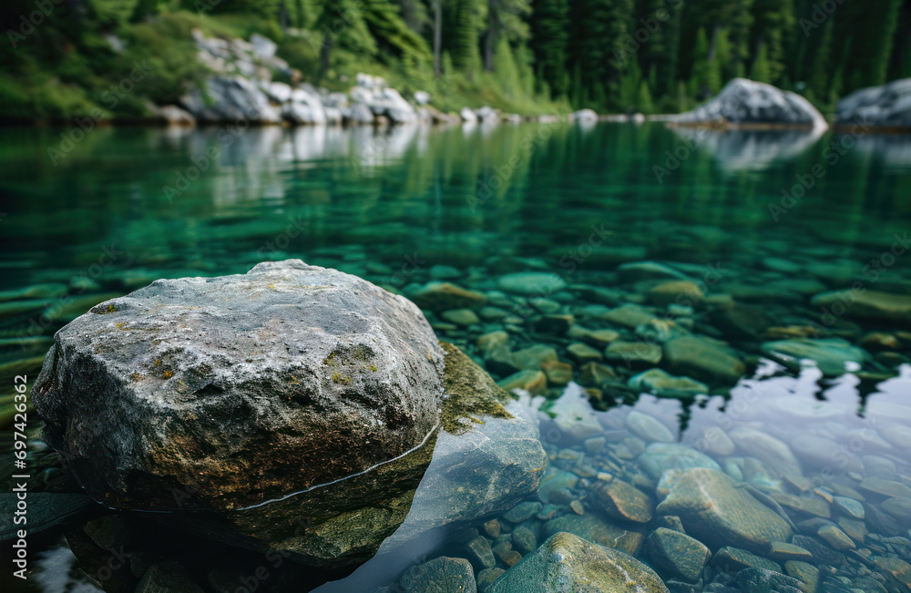 Fototapeta premium Rock in Forest Lake With Crystal Clear Water