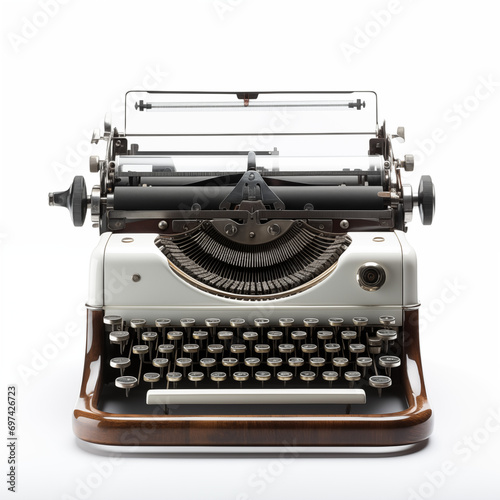 vintage old-fashioned white typewriter with wood-glazed finish close-up on white background