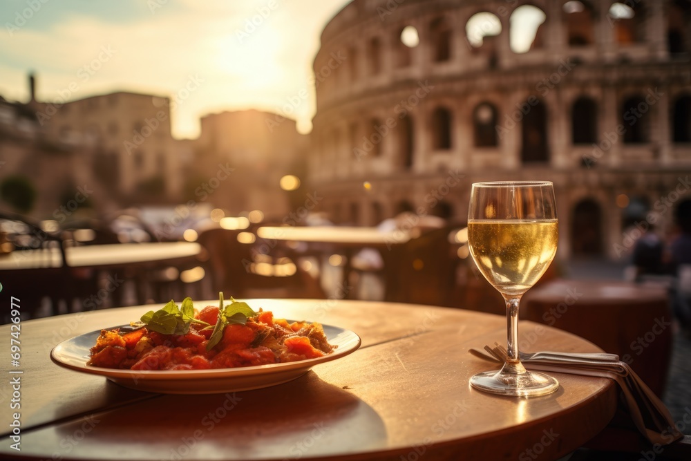 Classic Flavors in Rome: Spaghetti Bolognese on a Rustic Table at a Cozy Café, Accompanied by Full-Bodied Red Wine - The Majestic Colosseum Provides a Stunning Backdrop to the Sunset Dining Experience