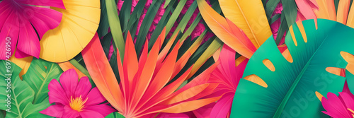tropical background - Transport yourself with palm leaves, exotic flowers, and beach sand in tropical greens, vibrant oranges, and sunset pinks, Generative AI