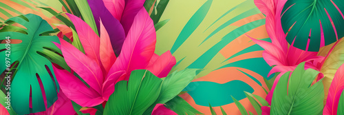 tropical background - Transport yourself with palm leaves, exotic flowers, and beach sand in tropical greens, vibrant oranges, and sunset pinks, Generative AI