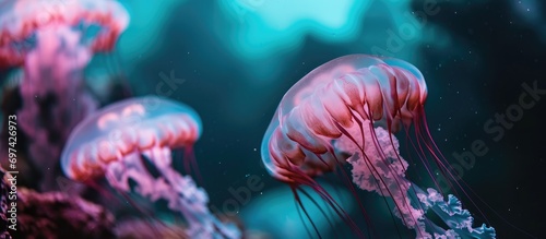 Pair of pink jellyfish in dim water
