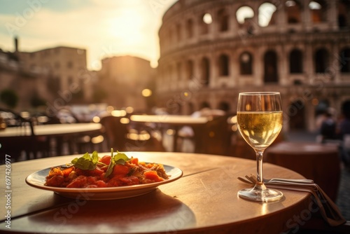 Classic Flavors in Rome: Spaghetti Bolognese on a Rustic Table at a Cozy Café, Accompanied by Full-Bodied Red Wine - The Majestic Colosseum Provides a Stunning Backdrop to the Sunset Dining Experience © Mr. Bolota