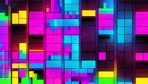 Pixel Fusion - Step into the digital realm with pixelated squares and glitch effects in electric blue, hot pink, and fluorescent yellow background. Generative AI