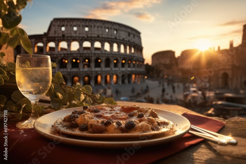 Culinary Flavors in Rome: A Rustic Table at a Cozy Café, Accompanied by Wine - The Majestic Colosseum Provides a Stunning Backdrop to the Sunset Dining Experience.