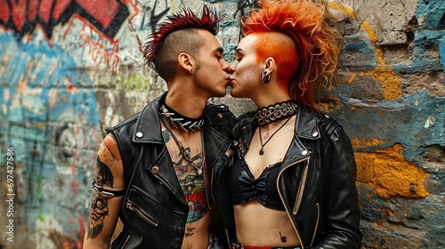 retro punk couple with mohawk hairstyle photo