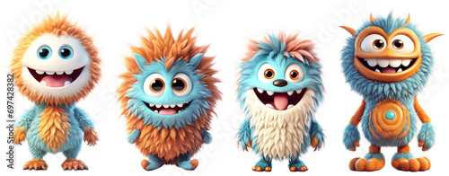 Set of funny shaggy furry cheerful monsters with big eyes and smiling mouths with big white teeth, isolated on transparent background. Children's cartoon characters or cute soft toys. Generative AI photo