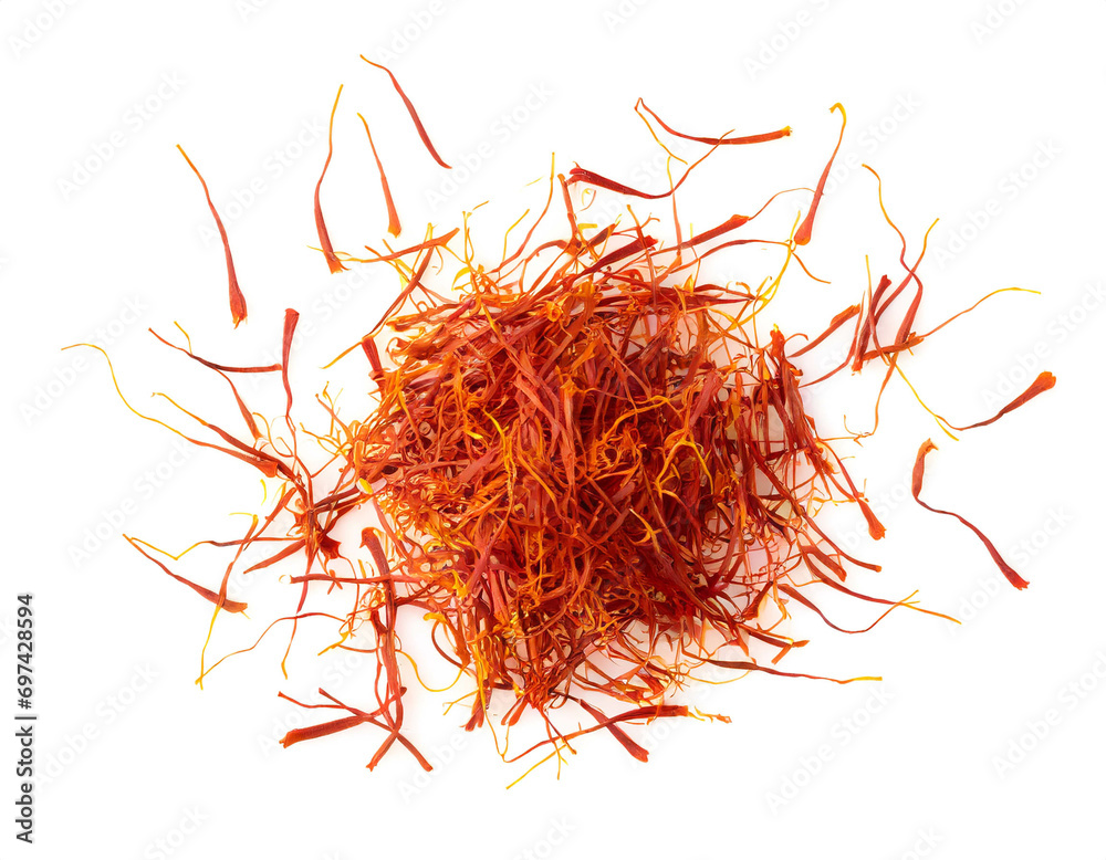 Fototapeta premium Safran fäden isoliert auf weißem Hintergrund, Draufsicht 