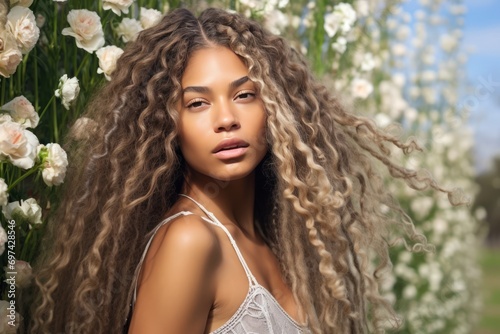 Beautiful african american woman with long curly hair and flowers
