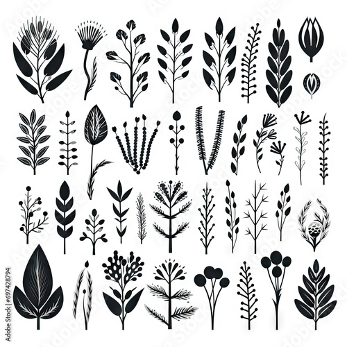 Hand Drawn Floral Design Elements Isolated on White Background, Doodle Plants,Fictional Herbarium