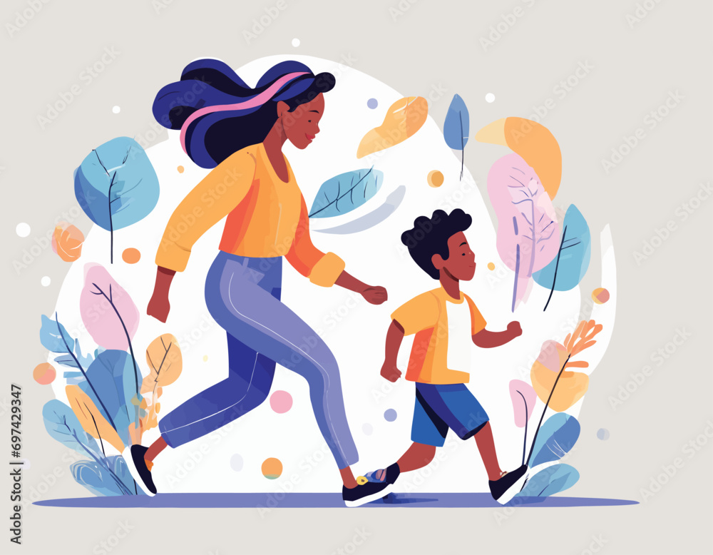 Mother with child running - Parent in a hurry with son being late for work. Stress and parenthood time crunch concept in flat design vector illustration