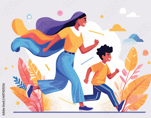 Mother with child running - Parent in a hurry with son being late for work. Stress and parenthood time crunch concept in flat design vector illustration