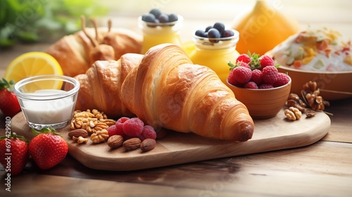 Savor a sumptuous continental breakfast featuring flaky pastries, buttery croissants, assorted cheeses, crunchy nuts, fresh fruits, and refreshing juice. A delightful and diverse morning spread. photo