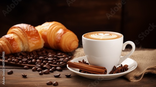 Enjoy a cup of coffee with croissants, accompanied by aromatic coffee beans, flaky layers, and a cozy setting. An inviting blend of flavors and comfort.