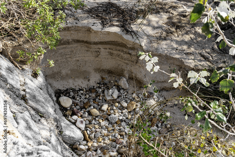 Dry stream bed with water-worn sand and rocks Dry stream bed with water-worn sand and rocks