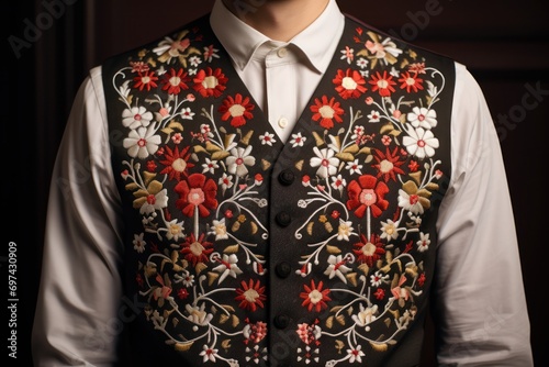 Close-up of a man in an exquisite vest. Vest with flower embroidery. Folk embroidery on clothing.