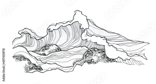 Sea wave, line drawing in ink. Cartoon style sketch.