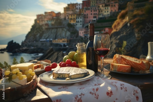 Gourmet Escape: Italian Appetizers - Cheese and Wines - Grace a Table with a View of Cinque Terre's Idyllic Landscape, Offering a Scenic Culinary Delight Over the Seaside Horizon.
