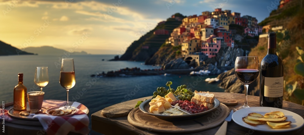 Cinque Terre Delights: Italian Pasta and Seafood, Enhanced with Tomato Sauce and Wine, Adorn a Table with a View, Creating a Scenic Culinary Experience Overlooking the Mediterranean Landscape. - obrazy, fototapety, plakaty 