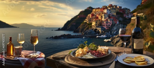 Cinque Terre Delights: Italian Pasta and Seafood, Enhanced with Tomato Sauce and Wine, Adorn a Table with a View, Creating a Scenic Culinary Experience Overlooking the Mediterranean Landscape. photo