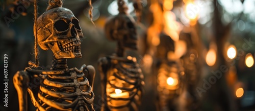 Halloween decor: skeletons hung by the neck with dark silhouettes. photo