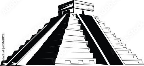 Cartoon Black and White Isolated Illustration Vector Of A Kukulkan Mayan Pyramid Temple