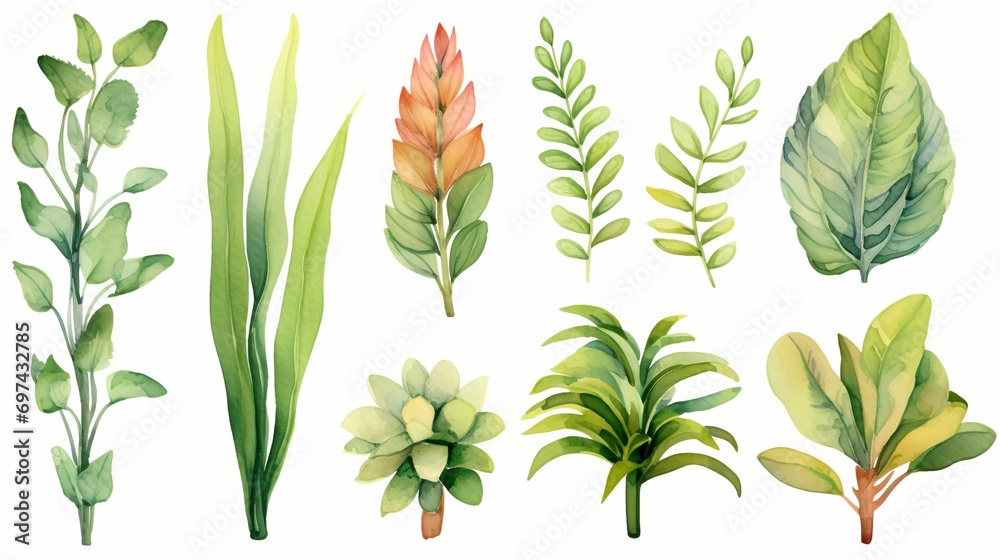 Watercolor plants on a white background - obrazy, fototapety, plakaty 