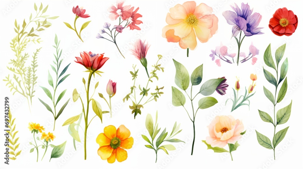 Watercolor set of flowers on white background
