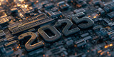 new year 2025 digital background with futuristic circuit board structure