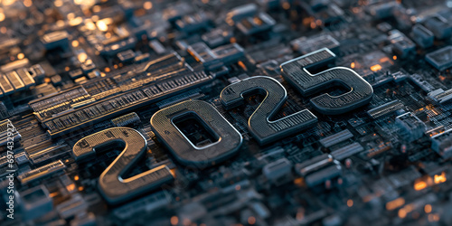 new year 2025 digital background with futuristic circuit board structure photo