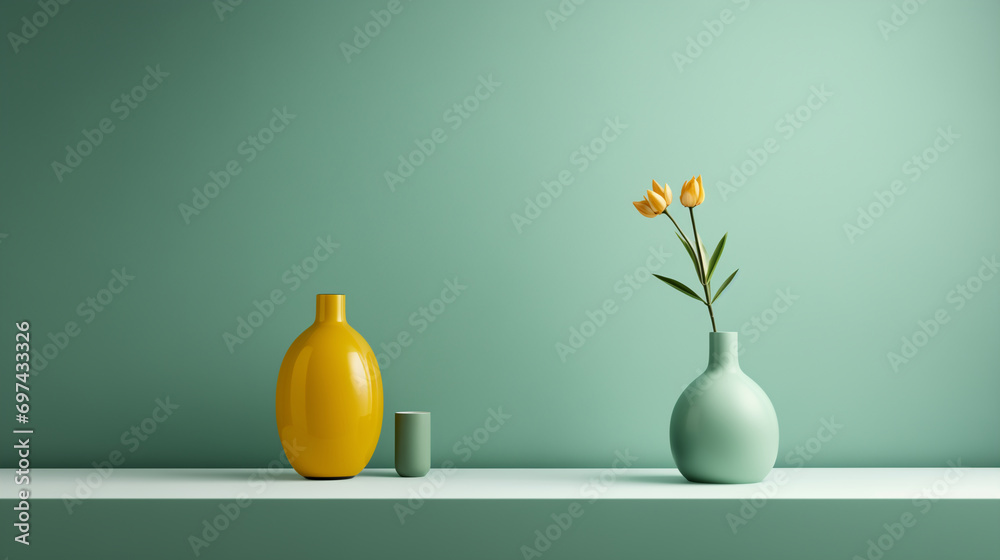 Minimal interior of pastel green vase with yellow flowers on surface. Sunlight on green wall, yellow & green ceramic arrangement for decoration. Luxury skincare, cosmetic, tea product still life. 