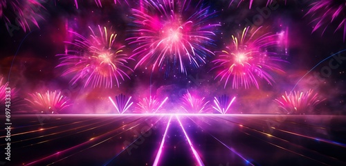 Neon light design with an explosion of pink and yellow fireworks on a dynamic 3D background